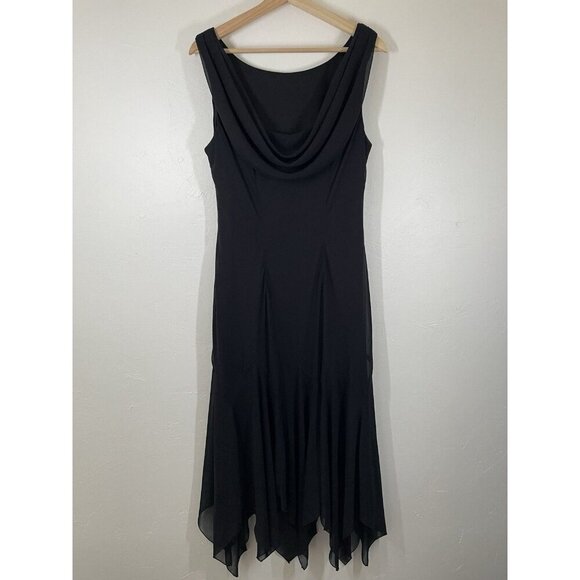 Vintage Y2K 90s Midi Beaded Black Sheer Asymmetrical Scarf Hem Dress Sz 14W - Picture 2 of 15